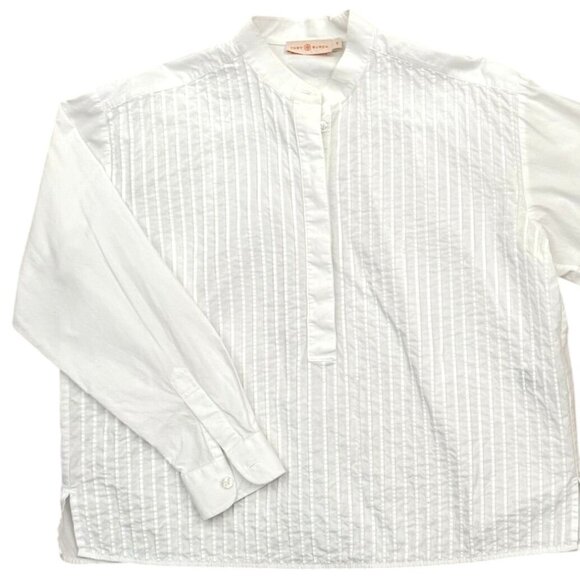 Tory Burch Oversized Pleated Cotton Blouse Size 0 Timeless Elegance Crisp White - Picture 1 of 11